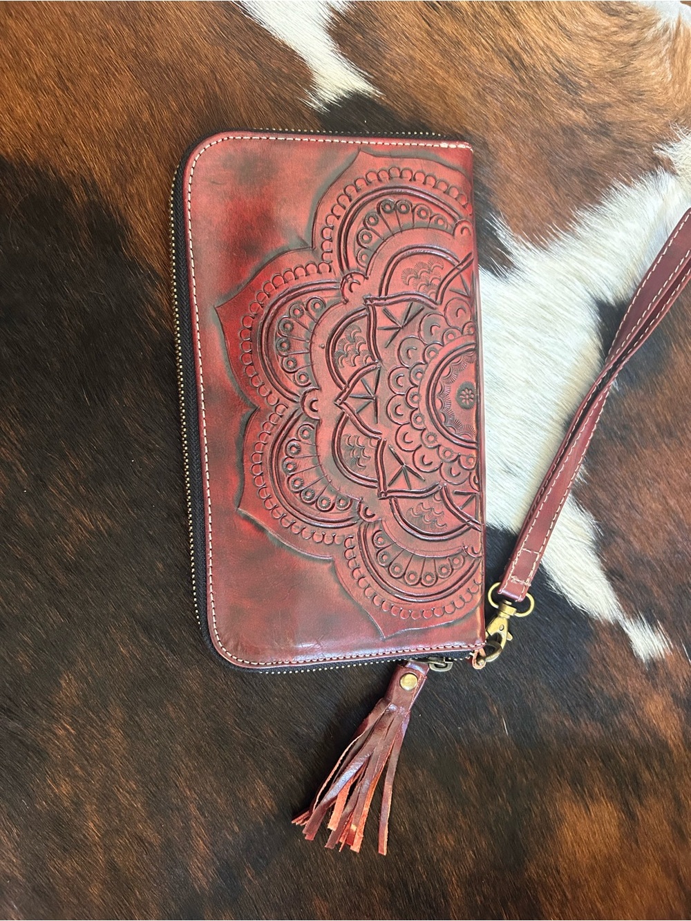 Embossed Leather Wristlet Clutch in Distressed Red